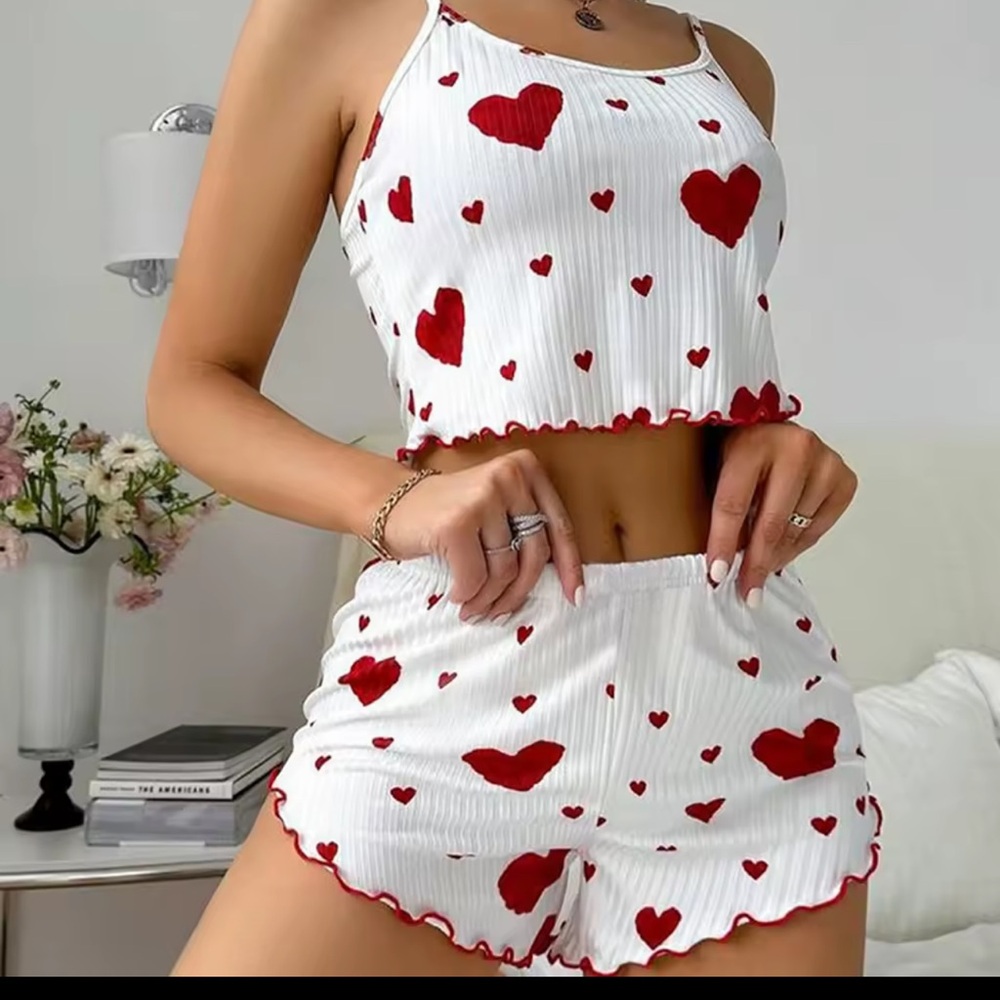 White and Red Heart Print Pajama Set